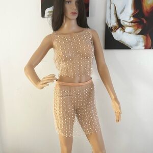 Sheer Nude Pearl-Embellished Crop Top & Skirt Set beach bunny style sz m/l